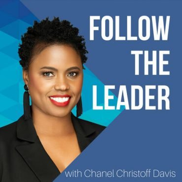 Chanel Christoff Davis stands smiling next to the Follow the Leader podcast logo